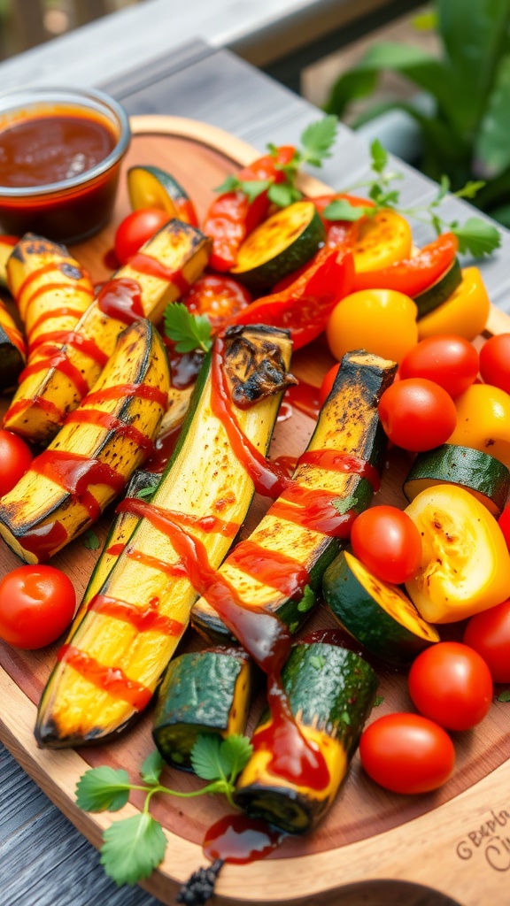 Grilled barbecue vegetables including zucchini, bell peppers, and cherry tomatoes served on a rustic platter.
